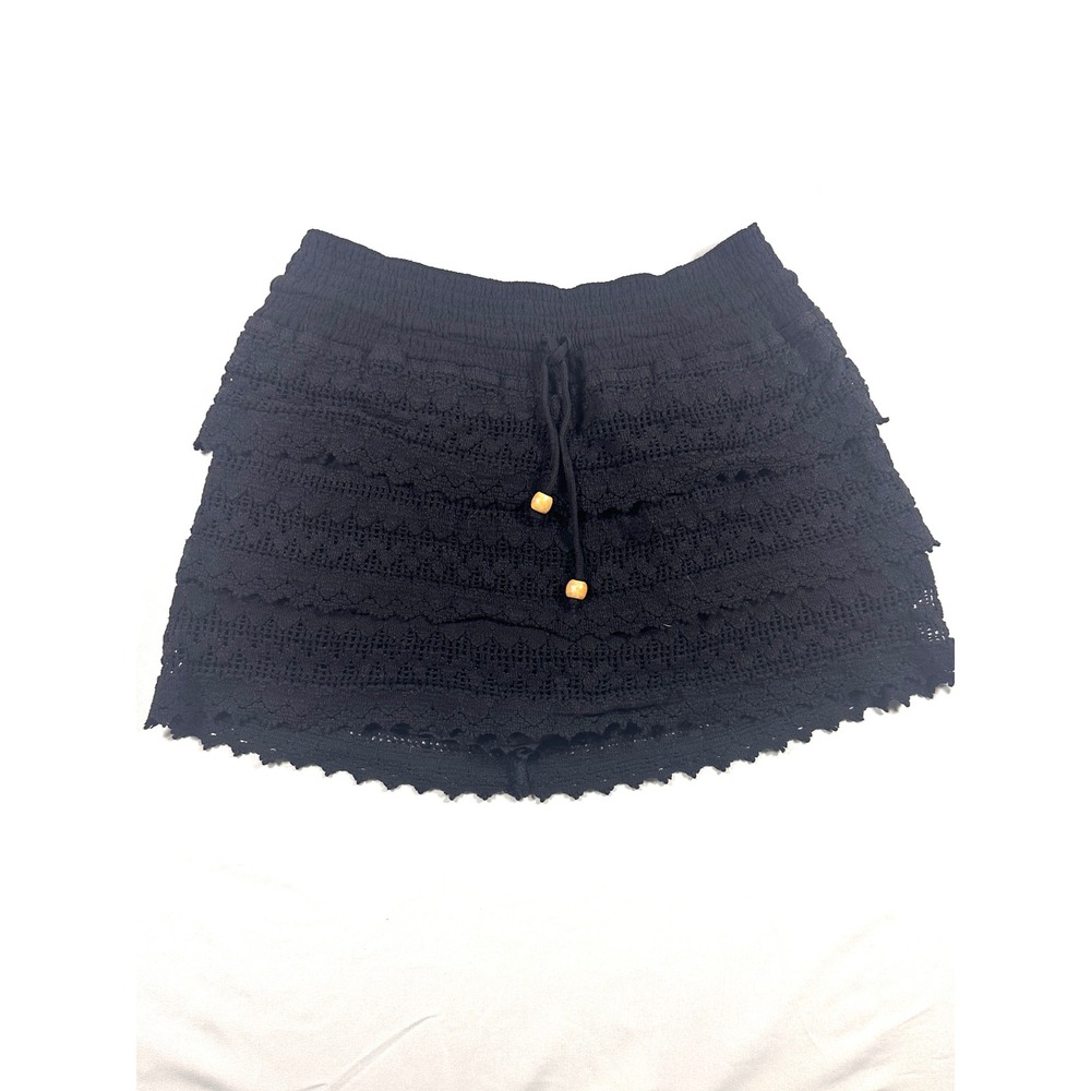 Blanco Black Crochet Tiered Mini Skirt Cotton Smocked Waist Boho Festival Med